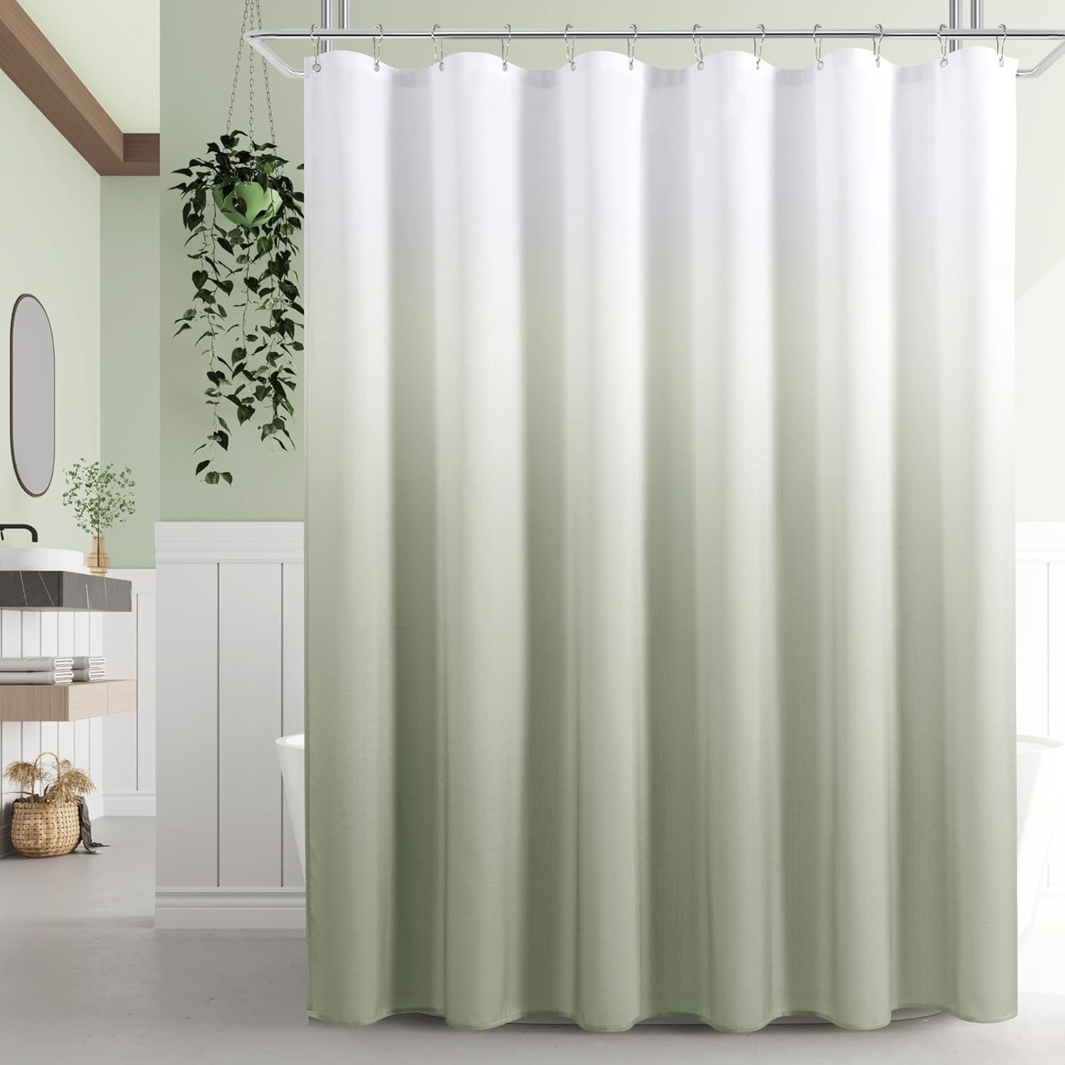 Sage Green Shower Curtain, Polyester Ombre Shower Curtains for Bathroom, Green and White Gradient Fabric Bathroom Decor Bath Set, Washable, 72 x 72