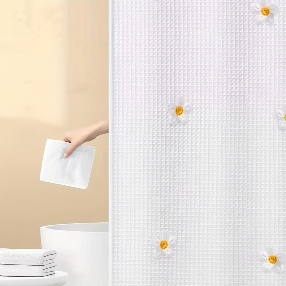 1pc Thickened Waffle Flower Embroidery Shower Curtain, Polyester Fabric, Home Decoration Curtain, Bathroom Curtain with 12 Hooks