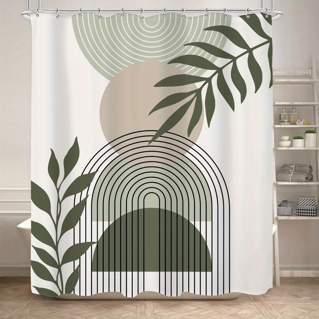 KOMLLEX Sage Green Boho Shower Curtain 60Wx72H Abstract Modern Mid Century Bathroom Decor Aesthetic Leaves Geometric Arch Bohemian Minimalist Neutral Simple Fabric Polyester 12pcs Hook
