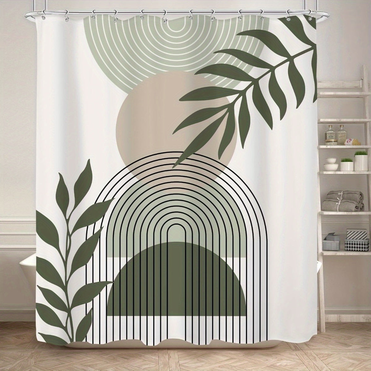 KOMLLEX Sage Green Boho Shower Curtain 60Wx72H Abstract Modern Mid Century Bathroom Decor Aesthetic Leaves Geometric Arch Bohemian Minimalist Neutral Simple Fabric Polyester 12pcs Hook