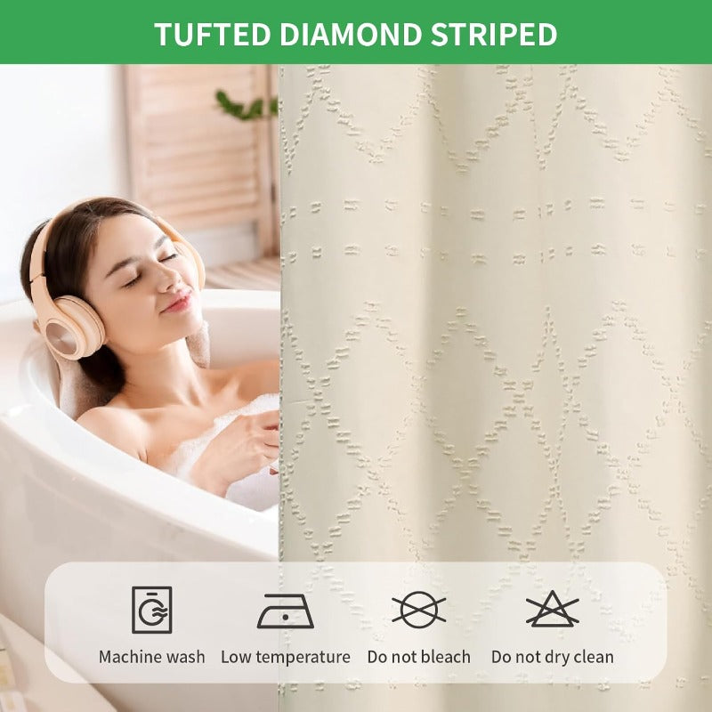 Cream Boho Tufted Chevron Shower Curtain & Fabric Liner Set - Textured Shabby Chic Bathroom Curtain with See-Through Top Window, No Hook\u002FNo Rod Installation, Snap-On Liner, Fits Standard Bathtub (71\