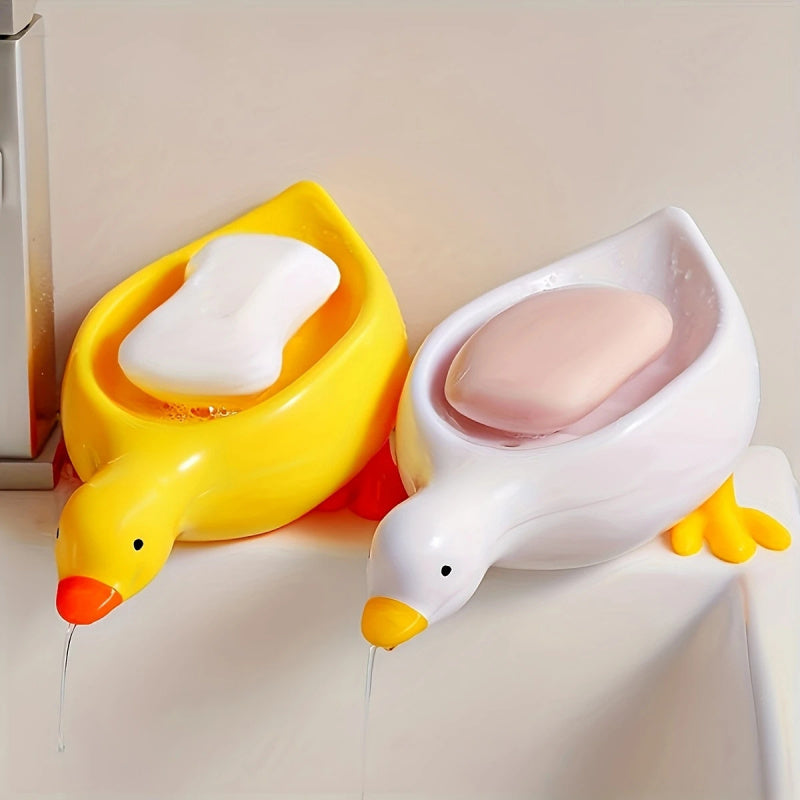 Duck Soap Box Duck-Shaped Soap Box | Yellow & White, Oval Drain Tray, Anti-Puddle, 4-Season Gift, Small Organizer
