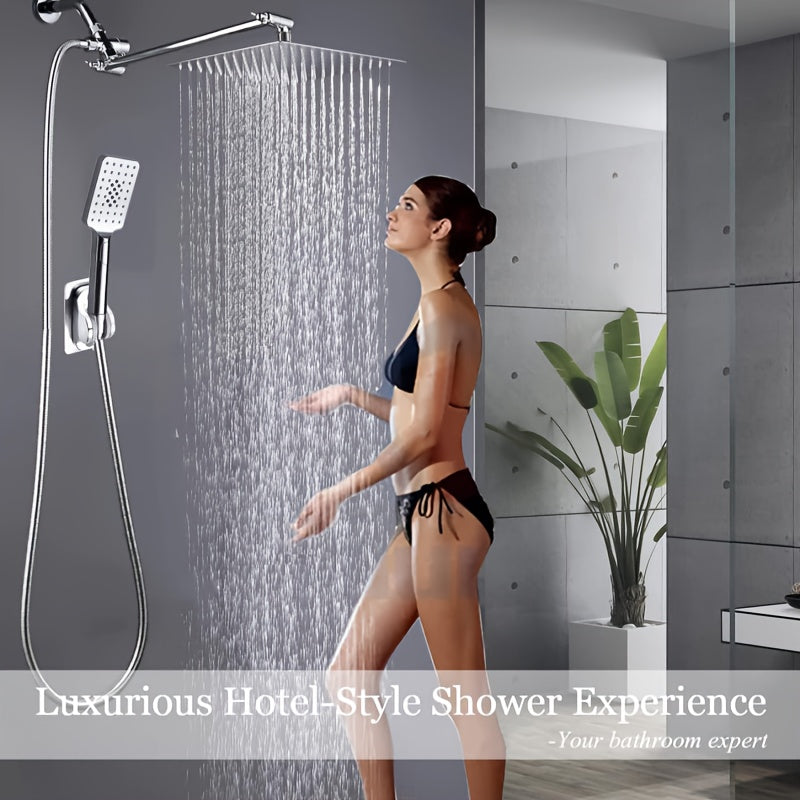 Handheld Showerhead Set Featuring Five Different Water Flow Modes, Made of Stainless Steel with a Chrome End, Includes an Adjustable Height And Angle Extension Arm, Along with a Holder And Hose