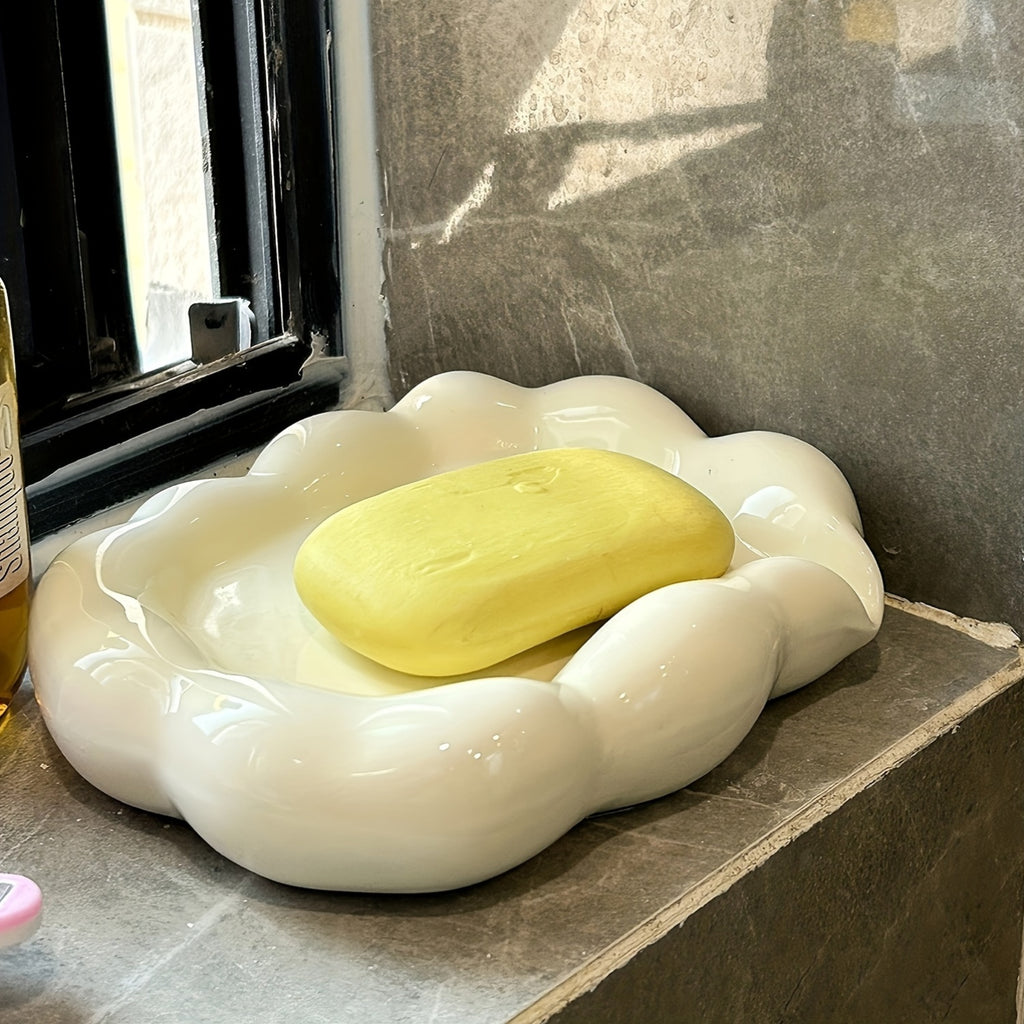 1pc Creative Ceramic Soap Dish, Cute Cloud Design Drainage Soap Dish, Automatic Drainage Soap Rack, Bathroom Soap Rack, Multifunctional Jewelry Storage Rack, Bathroom Accessories