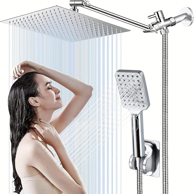 Handheld Showerhead Set Featuring Five Different Water Flow Modes, Made of Stainless Steel with a Chrome End, Includes an Adjustable Height And Angle Extension Arm, Along with a Holder And Hose