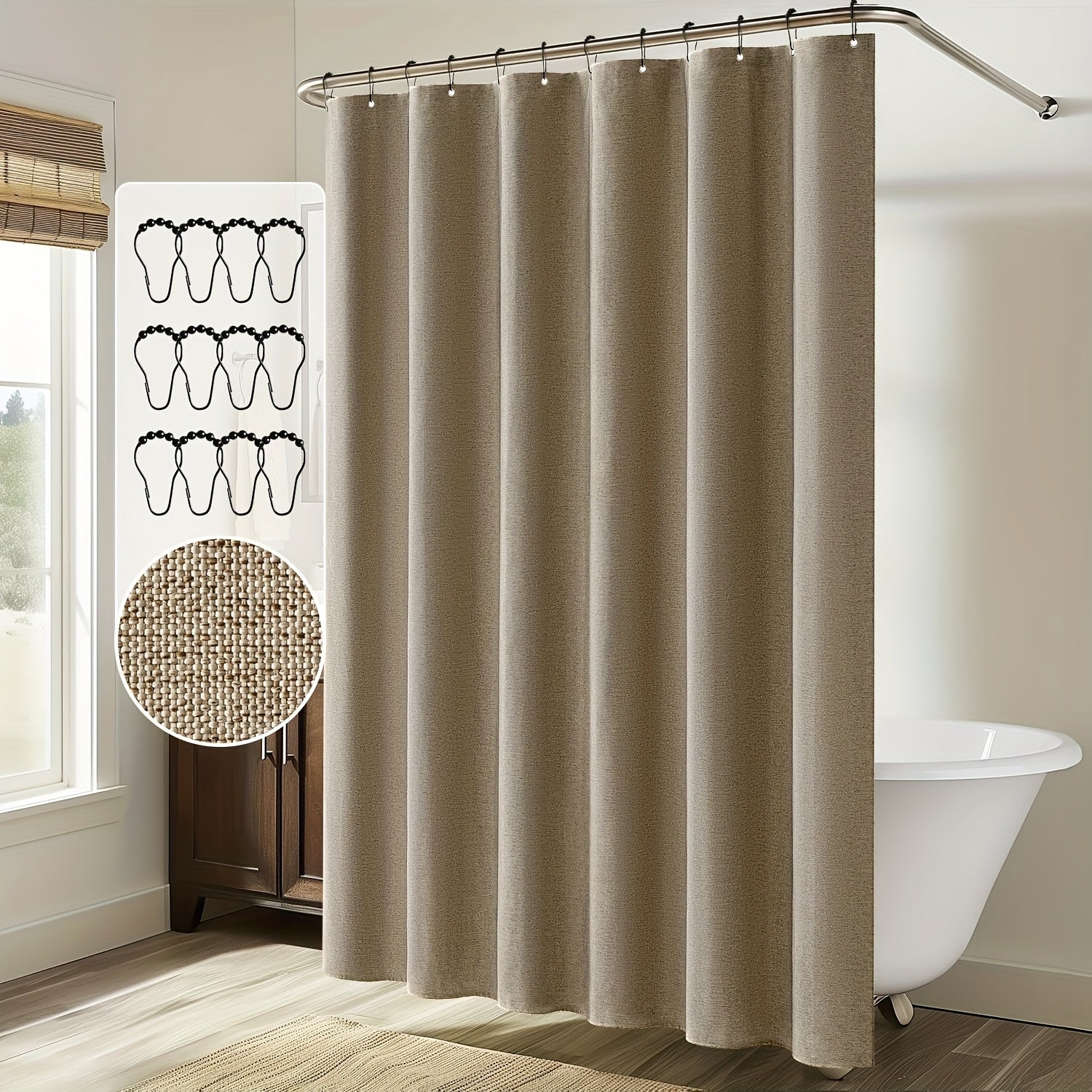 1pc Imitation Linen Shower Curtain, Thick Fabric Bath Curtains, Partition for Bathroom Bathtub, Modern Bathing Cover with Hooks, 71x71inch