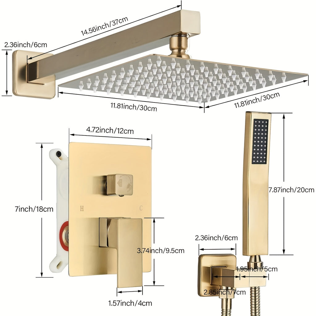 Luxury Bathroom Shower Set Featuring a Brushed Golden Wall-Mounted High-Pressure Rain Shower with a Handheld Sprayer, Complete with Valve Body And Finishing Components.