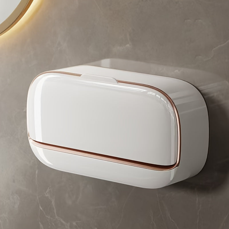 3-Color Light Luxury Wall-Mounted Double Compartment Leak-Proof Soap Dish with Lid and Drip Tray, Suitable for Shower or Kitchen, Keeps Soap Dry and Prevents Water Accumulation, Square No-Drill Bathroom Shelf, Elegant Countertop Wall Decor, 11