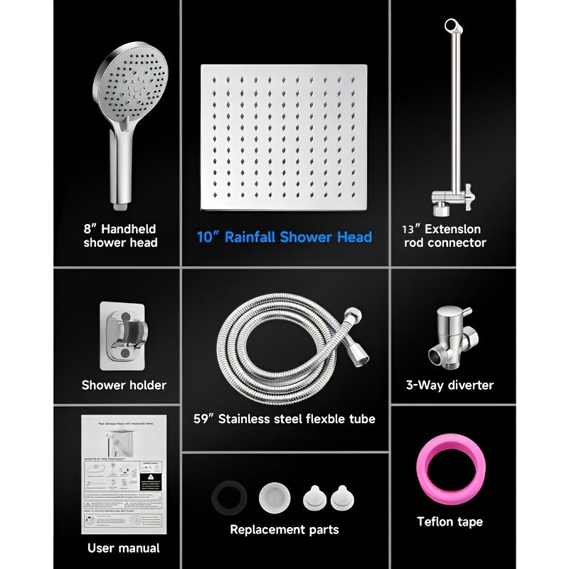 High-Pressure Shower Head Set - Heavy-Duty Stainless Steel Rain Shower System with Handheld Sprayer, 3-Way Diverter Valve And Hose, Adjustable Height And Angle Shower Arm, Anti-Clog Nozzles, Easy Installation, Luxury Bathroom Upgrade, Home Renovation