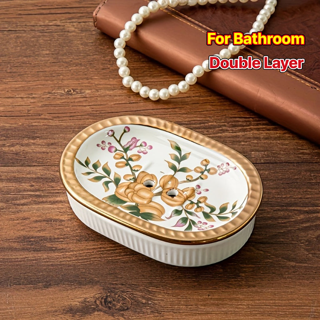 Elegant Ceramic Soap Dish Elegant Ceramic Soap Dish | Double-Layer Drainage | American Golden Trim