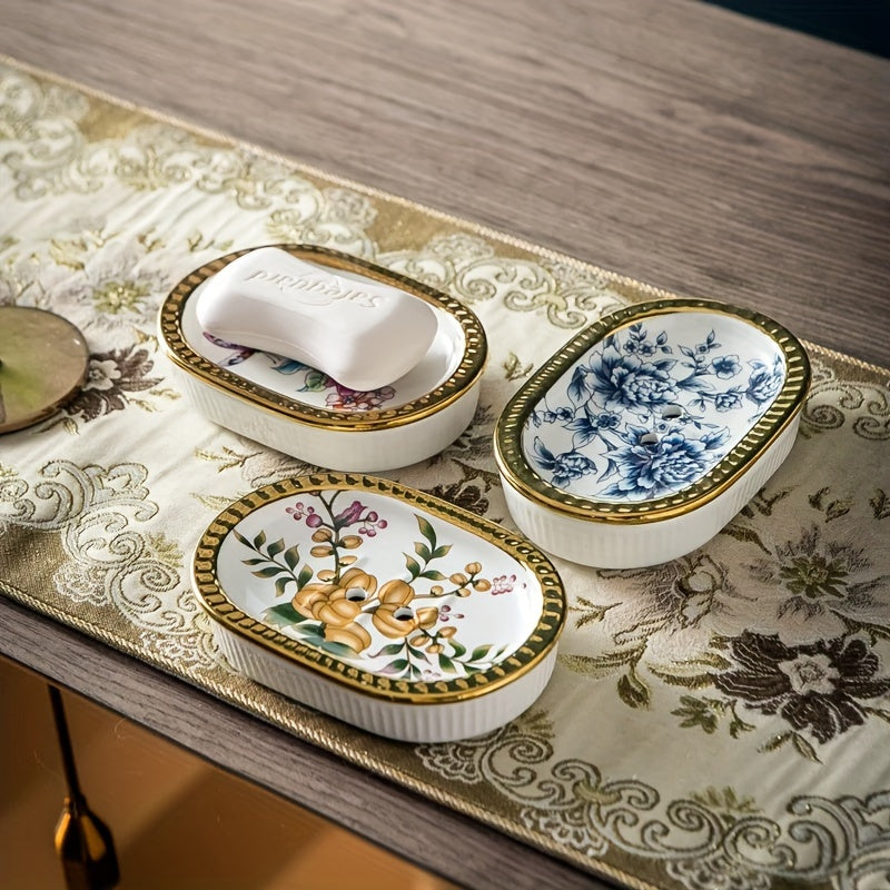 Elegant Ceramic Soap Dish Elegant Ceramic Soap Dish | Double-Layer Drainage | American Golden Trim
