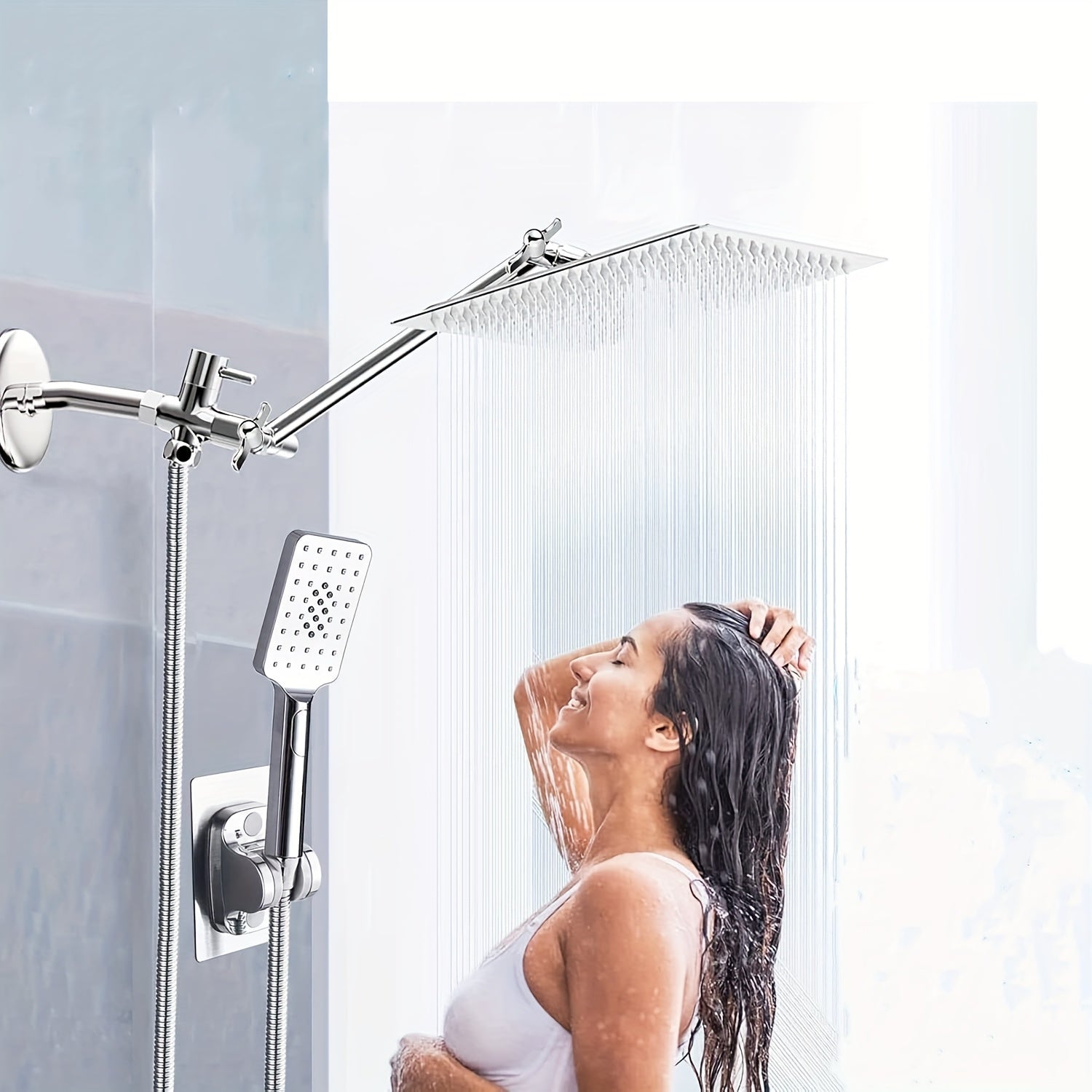Handheld Showerhead Set Featuring Five Different Water Flow Modes, Made of Stainless Steel with a Chrome End, Includes an Adjustable Height And Angle Extension Arm, Along with a Holder And Hose