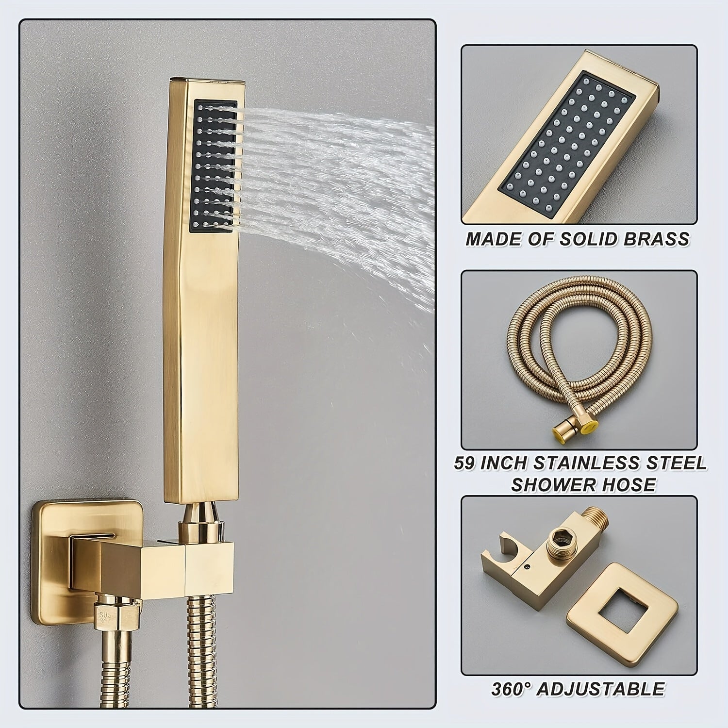 Luxury Bathroom Shower Set Featuring a Brushed Golden Wall-Mounted High-Pressure Rain Shower with a Handheld Sprayer, Complete with Valve Body And Finishing Components.