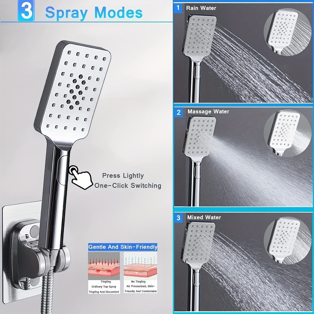 Handheld Showerhead Set Featuring Five Different Water Flow Modes, Made of Stainless Steel with a Chrome End, Includes an Adjustable Height And Angle Extension Arm, Along with a Holder And Hose