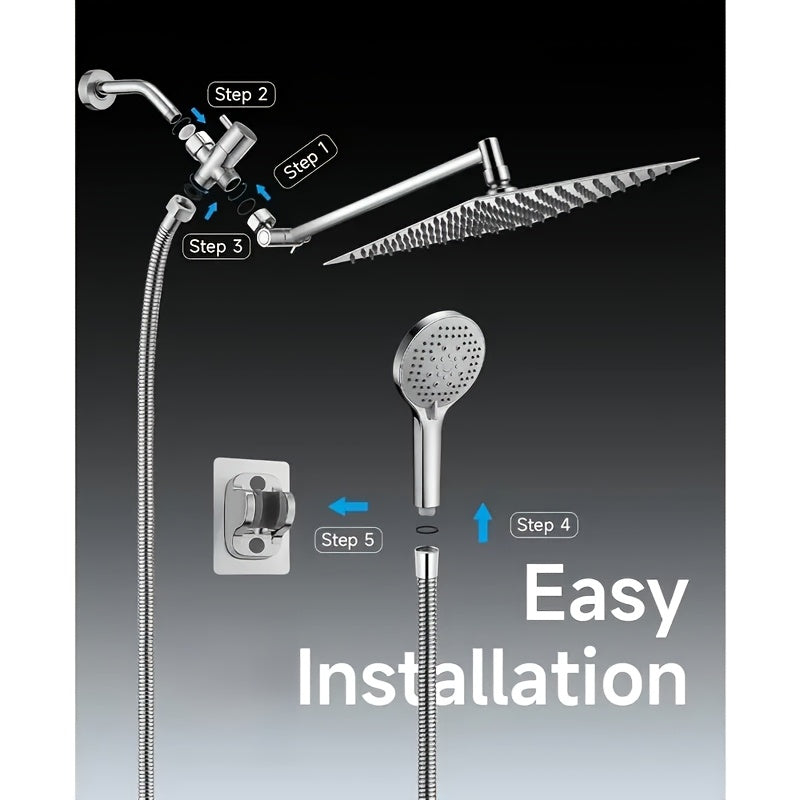 High-Pressure Shower Head Set - Heavy-Duty Stainless Steel Rain Shower System with Handheld Sprayer, 3-Way Diverter Valve And Hose, Adjustable Height And Angle Shower Arm, Anti-Clog Nozzles, Easy Installation, Luxury Bathroom Upgrade, Home Renovation