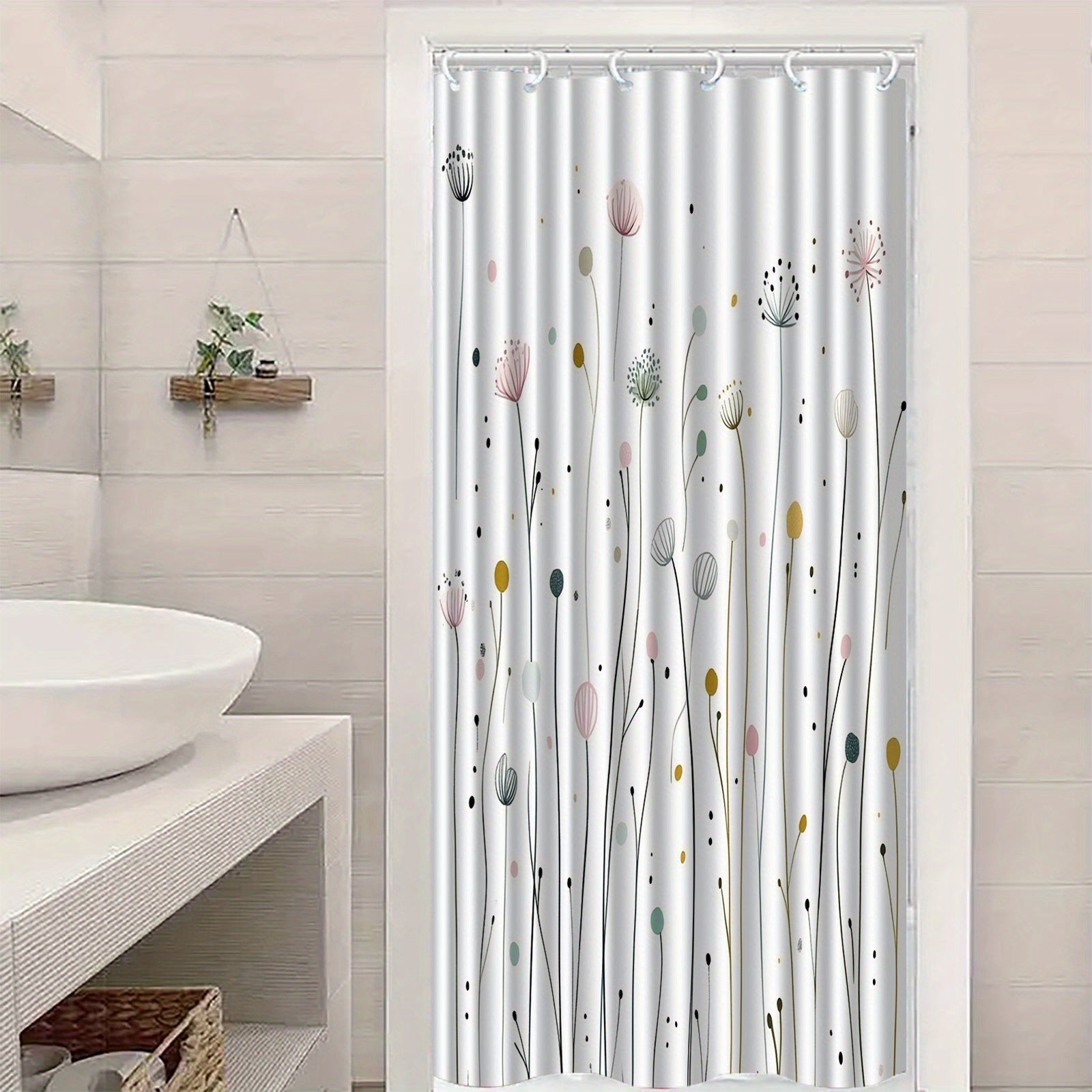 1pc of Dandelion Patterned Shower Curtain with Hooks, Washable Shower Curtain, Bath Divider, Bathroom Additions, Home Decor