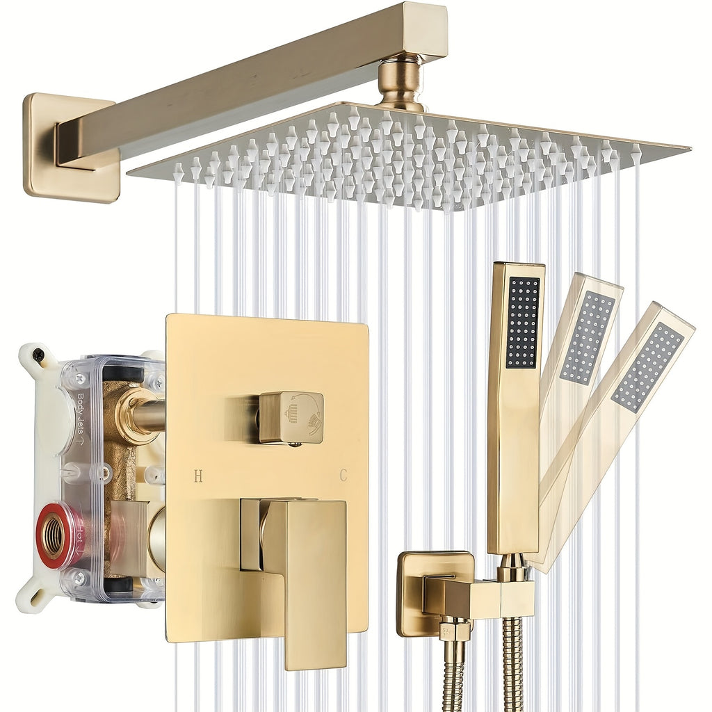 Luxury Bathroom Shower Set Featuring a Brushed Golden Wall-Mounted High-Pressure Rain Shower with a Handheld Sprayer, Complete with Valve Body And Finishing Components.