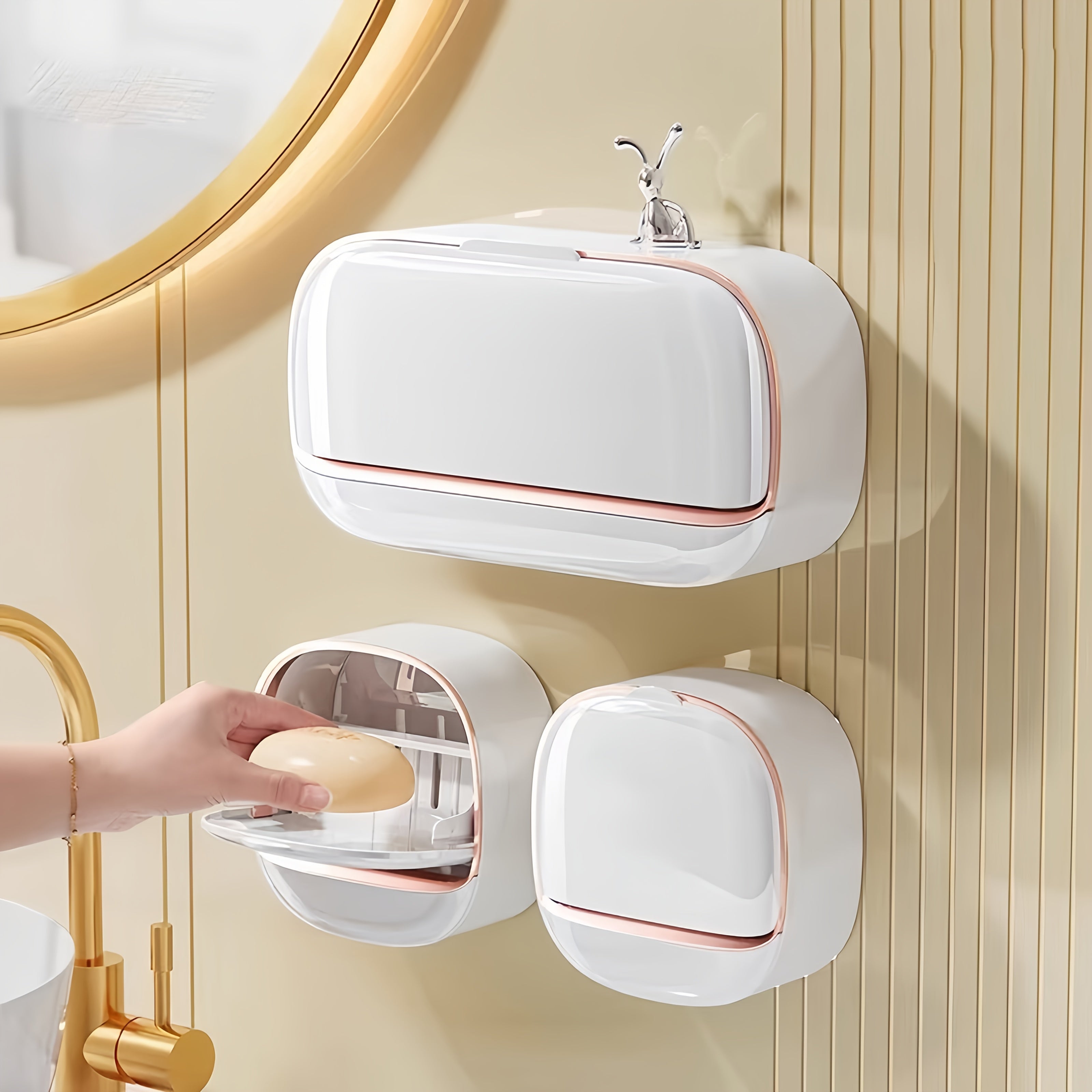 3-Color Light Luxury Wall-Mounted Double Compartment Leak-Proof Soap Dish with Lid and Drip Tray, Suitable for Shower or Kitchen, Keeps Soap Dry and Prevents Water Accumulation, Square No-Drill Bathroom Shelf, Elegant Countertop Wall Decor, 11