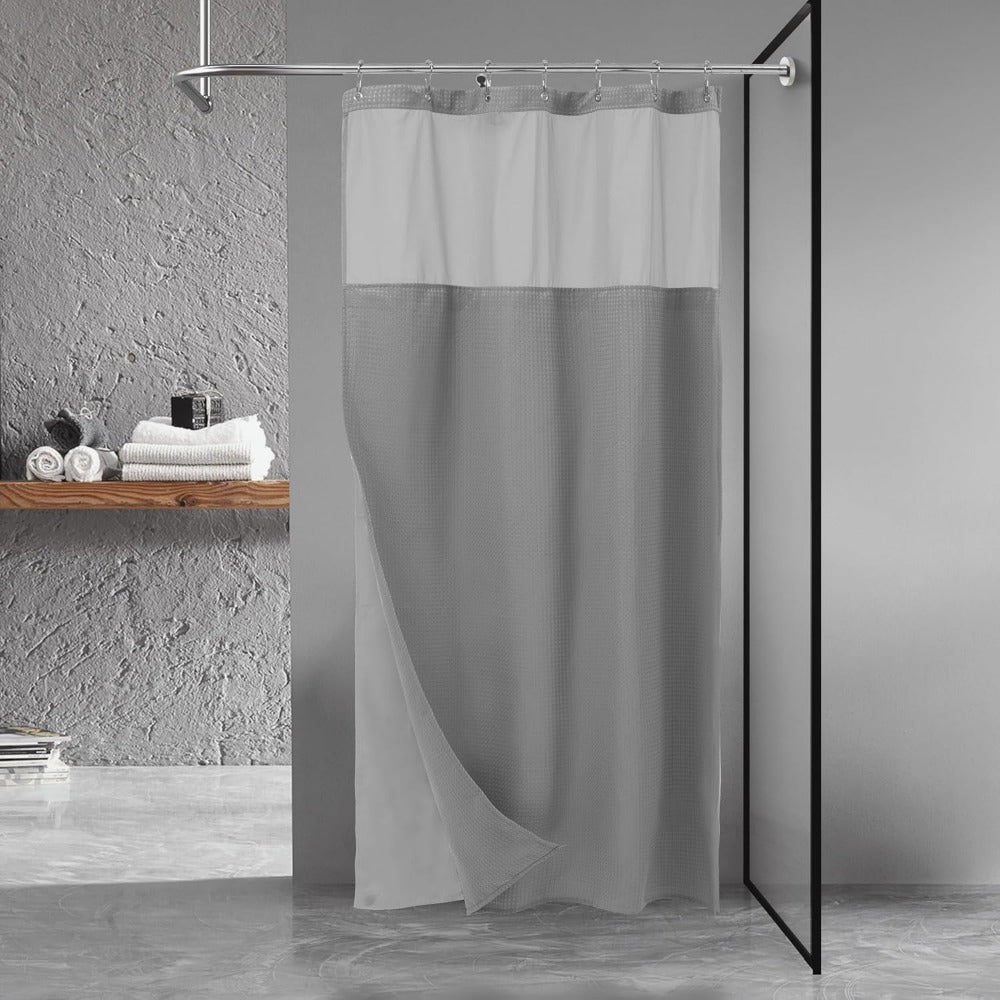 Hotel Style Grey Polyester Pongee Shower Curtain with Waffle Stitching & Mesh Top Window - Snap-On Fabric Lining, Machine Washable, Multiple Sizes for Bathroom Decor, Shower Curtain Sets for Bathrooms