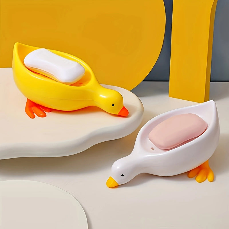 Duck Soap Box Duck-Shaped Soap Box | Yellow & White, Oval Drain Tray, Anti-Puddle, 4-Season Gift, Small Organizer