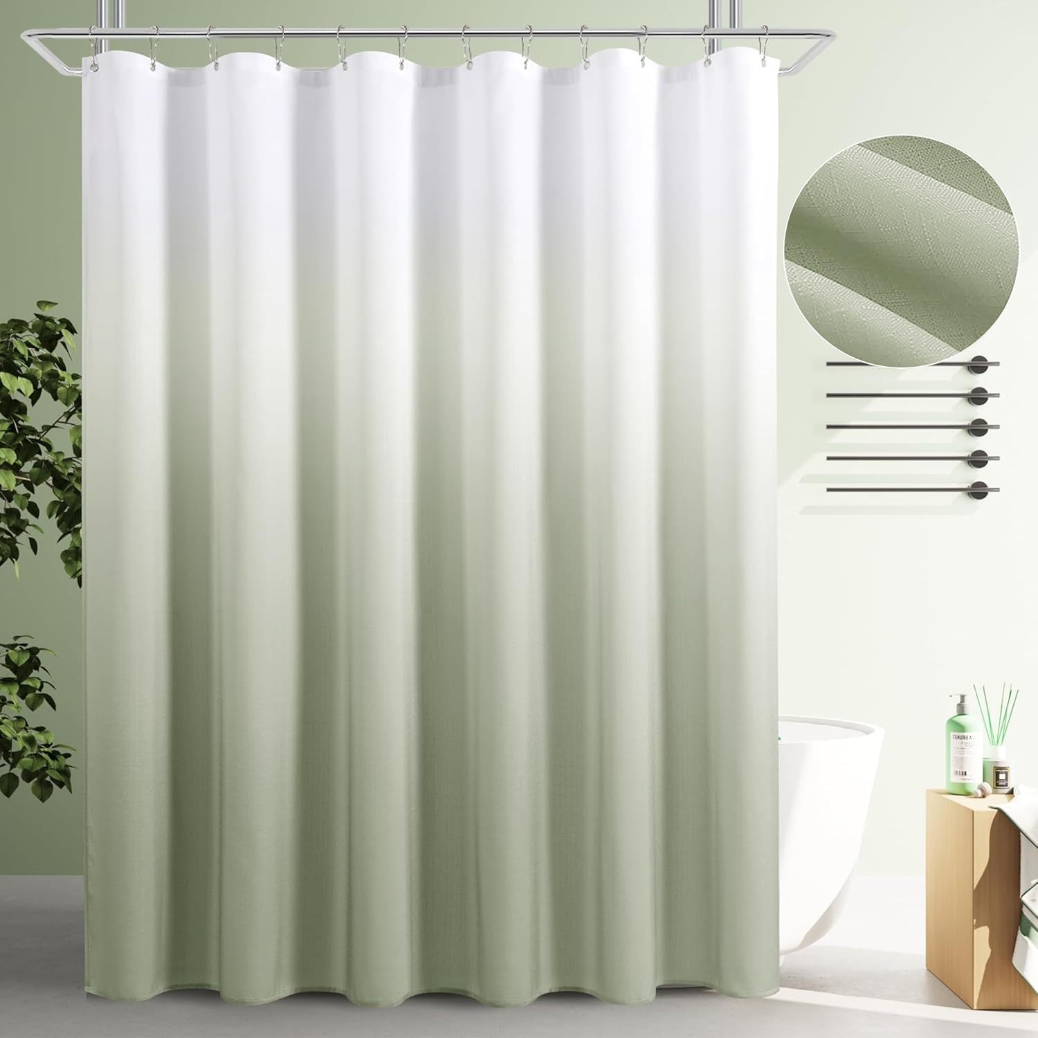 Sage Green Shower Curtain, Polyester Ombre Shower Curtains for Bathroom, Green and White Gradient Fabric Bathroom Decor Bath Set, Washable, 72 x 72