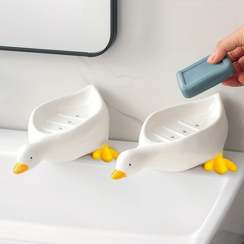 Duck Soap Box Duck-Shaped Soap Box | Yellow & White, Oval Drain Tray, Anti-Puddle, 4-Season Gift, Small Organizer