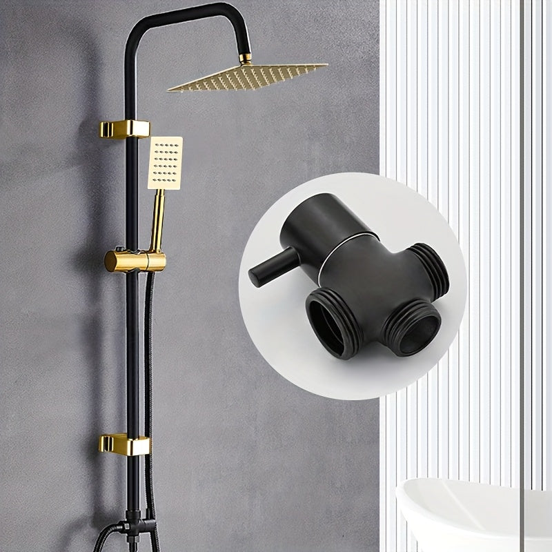 Rain Shower System Featuring an 8-Inch Rainfall Showerhead And a Handheld Option with an Adjustable Height Holder, Constructed with Solid Rail And a 60-Inch Stainless Hose. This 3-Function Retrofit Shower Set in Black And Golden Is Designed Exclusiv