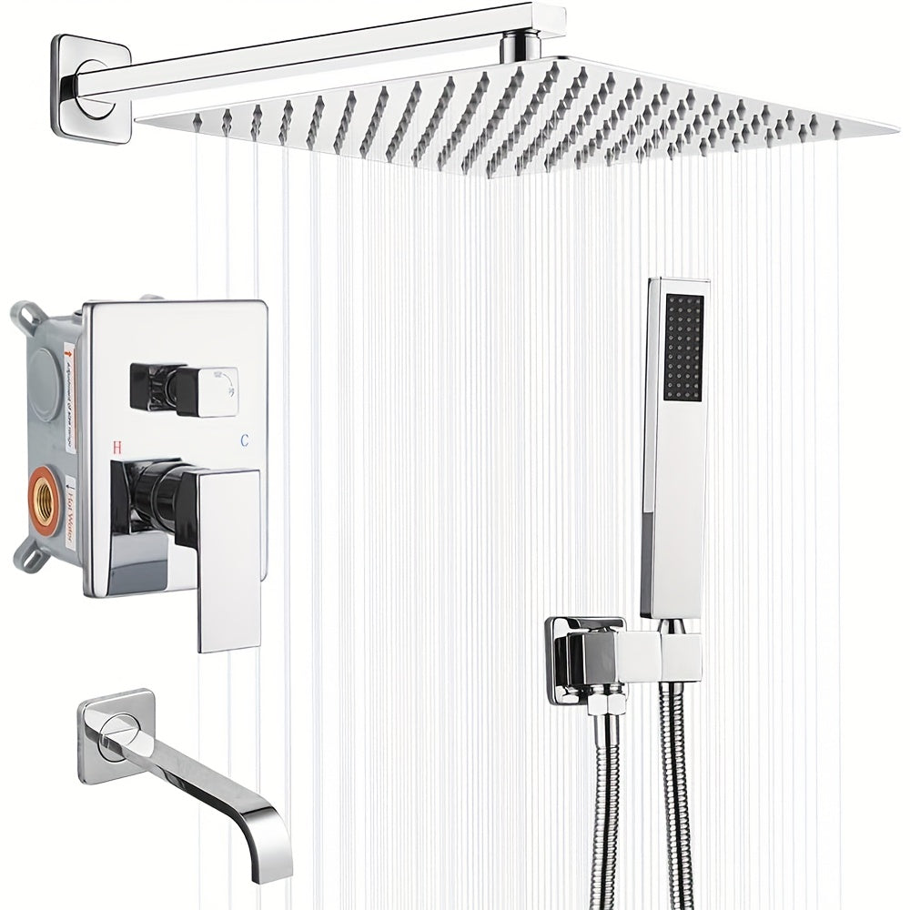Brushed Golden Shower  Set with Tub Spout Bathroom Rainfall 8 10 12 Inch Shower Head System with Handheld Single Handle Shower Trim Kit with Rough-in Valve