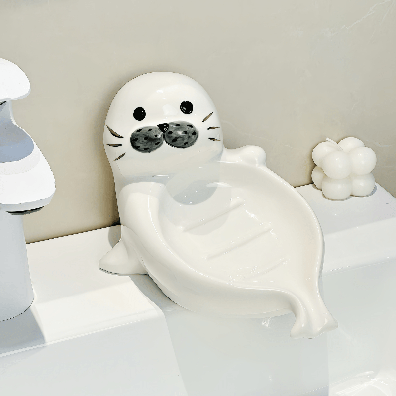 Ceramic Sea Lion-Shaped Soap Dish Holder - Adorable Suitable for Home Bathroom, No-Hole Drainage Design, Oval Soap Box with Storage Rack, Modern Sea Lion Tray for Bathtub Counter, Hygienic Drainage System (No Water Accumulation)