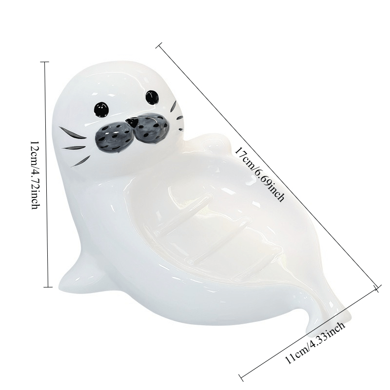 Ceramic Sea Lion-Shaped Soap Dish Holder - Adorable Suitable for Home Bathroom, No-Hole Drainage Design, Oval Soap Box with Storage Rack, Modern Sea Lion Tray for Bathtub Counter, Hygienic Drainage System (No Water Accumulation)