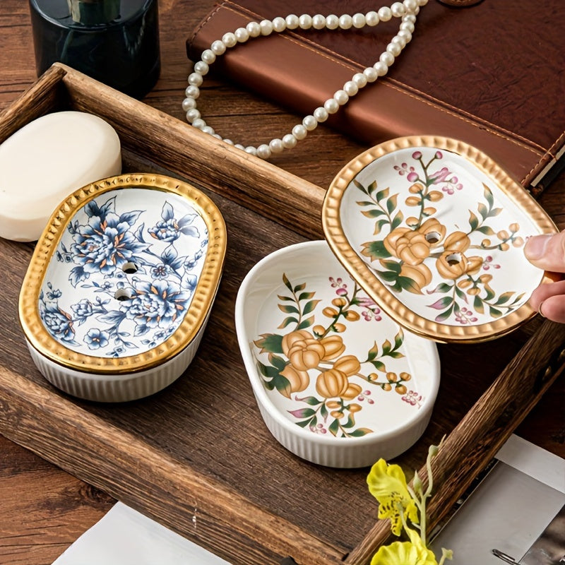 Elegant Ceramic Soap Dish Elegant Ceramic Soap Dish | Double-Layer Drainage | American Golden Trim