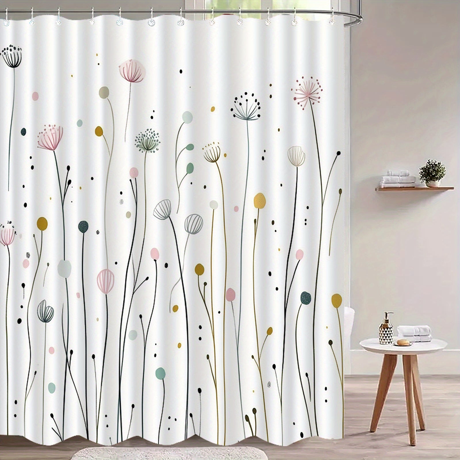 1pc of Dandelion Patterned Shower Curtain with Hooks, Washable Shower Curtain, Bath Divider, Bathroom Additions, Home Decor