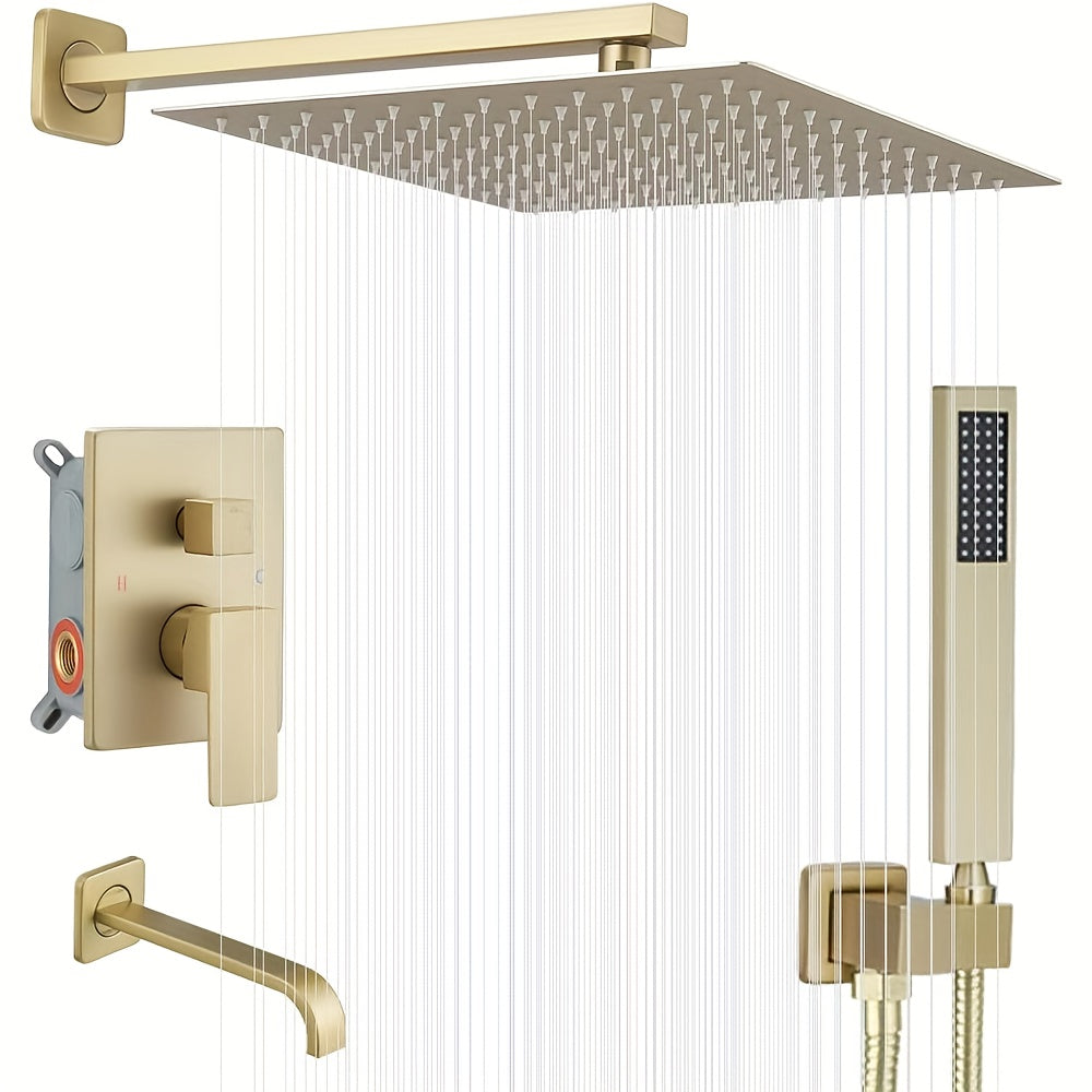Brushed Golden Shower  Set with Tub Spout Bathroom Rainfall 8 10 12 Inch Shower Head System with Handheld Single Handle Shower Trim Kit with Rough-in Valve
