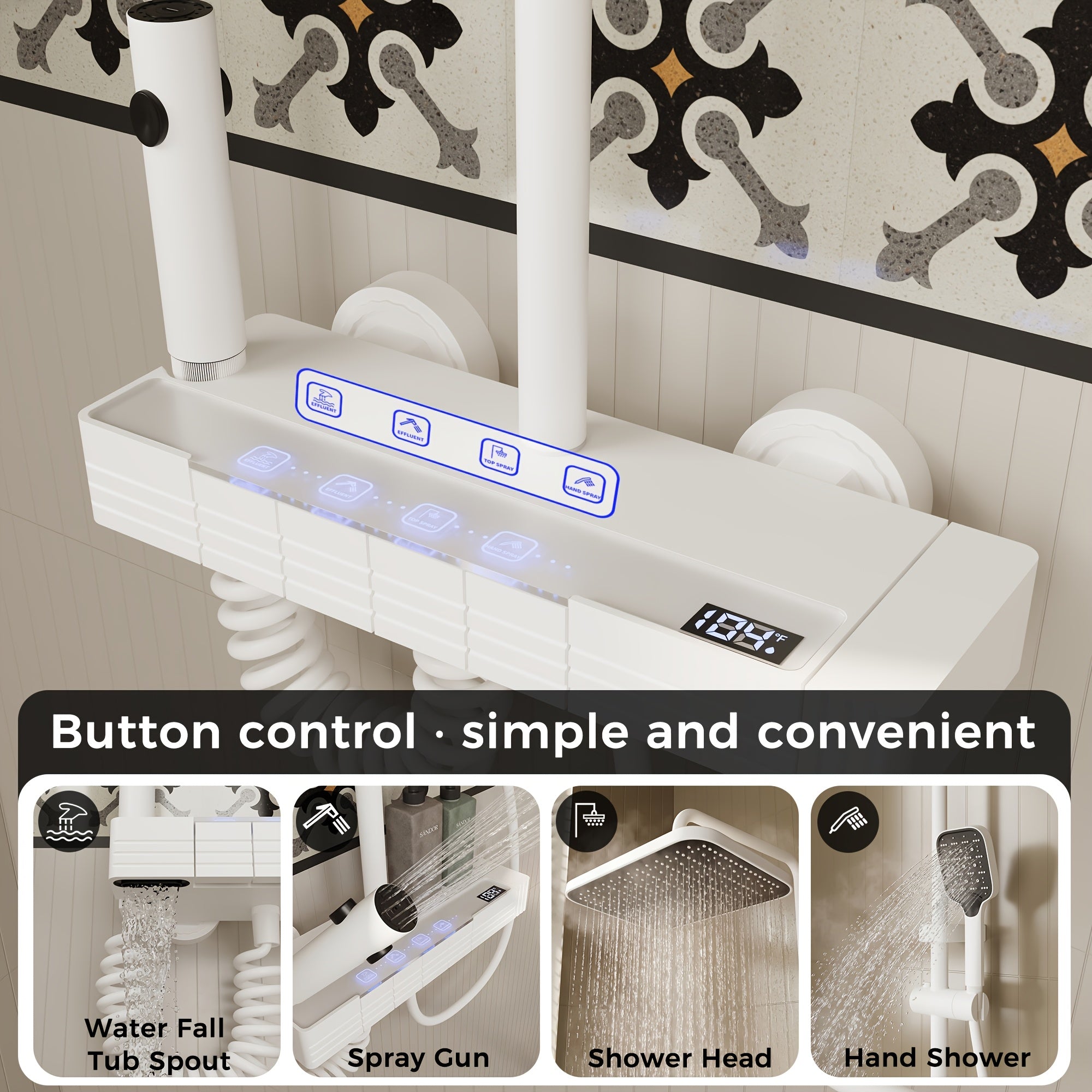 Shower Head White, 4-In-1 Shower System, with Water Fall Tub Spout, Spray Gun, Shower Head And Hand Shower, Shower Head with Easy-clean Silicone Nozzles