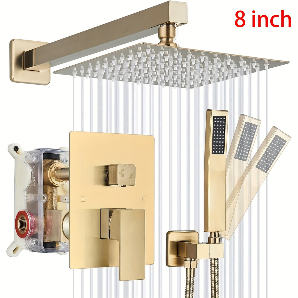 Luxury Bathroom Shower Set Featuring a Brushed Golden Wall-Mounted High-Pressure Rain Shower with a Handheld Sprayer, Complete with Valve Body And Finishing Components.