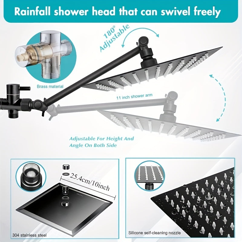 Combination Shower Head Featuring a 100-Inch High-Pressure Rain Shower Head, an 11-Inch Adjustable Extension Arm, And a Handheld Option with Three Settings. It Delivers a Strong Spray Even with Low Water Pressure And Includes a Long 59-Inch Hose