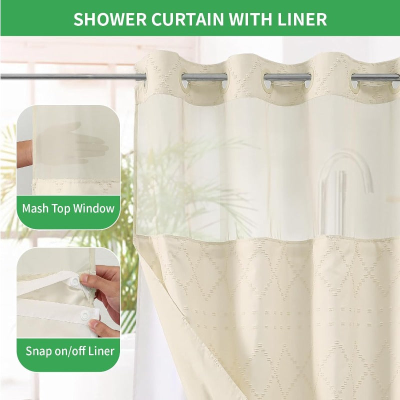 Cream Boho Tufted Chevron Shower Curtain & Fabric Liner Set - Textured Shabby Chic Bathroom Curtain with See-Through Top Window, No Hook\u002FNo Rod Installation, Snap-On Liner, Fits Standard Bathtub (71\