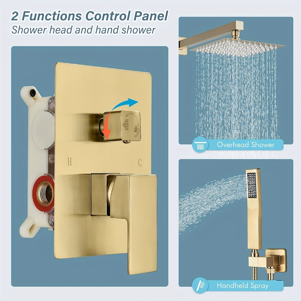 Luxury Bathroom Shower Set Featuring a Brushed Golden Wall-Mounted High-Pressure Rain Shower with a Handheld Sprayer, Complete with Valve Body And Finishing Components.
