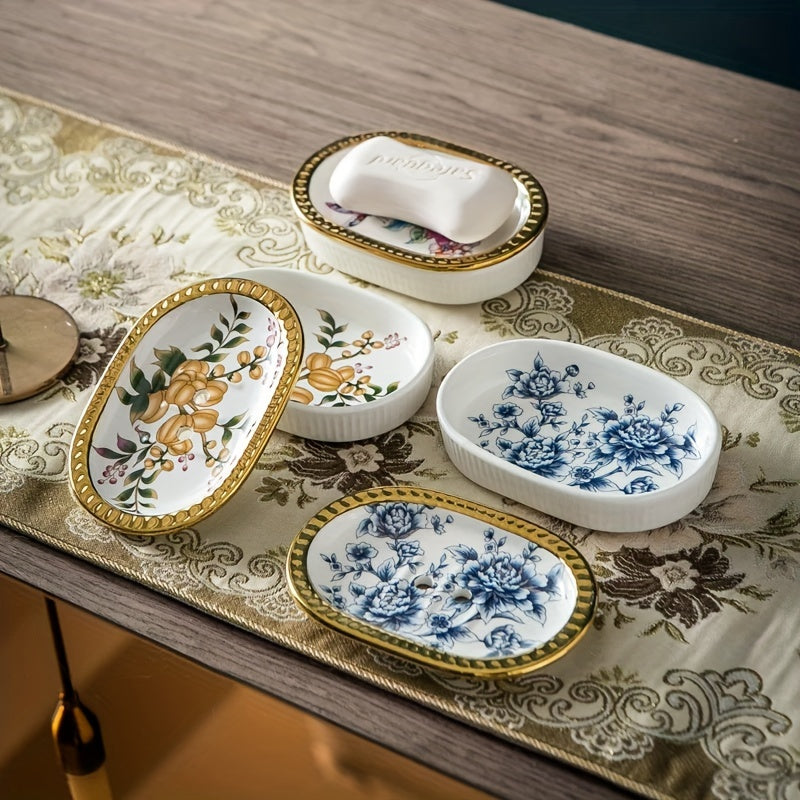 Elegant Ceramic Soap Dish Elegant Ceramic Soap Dish | Double-Layer Drainage | American Golden Trim