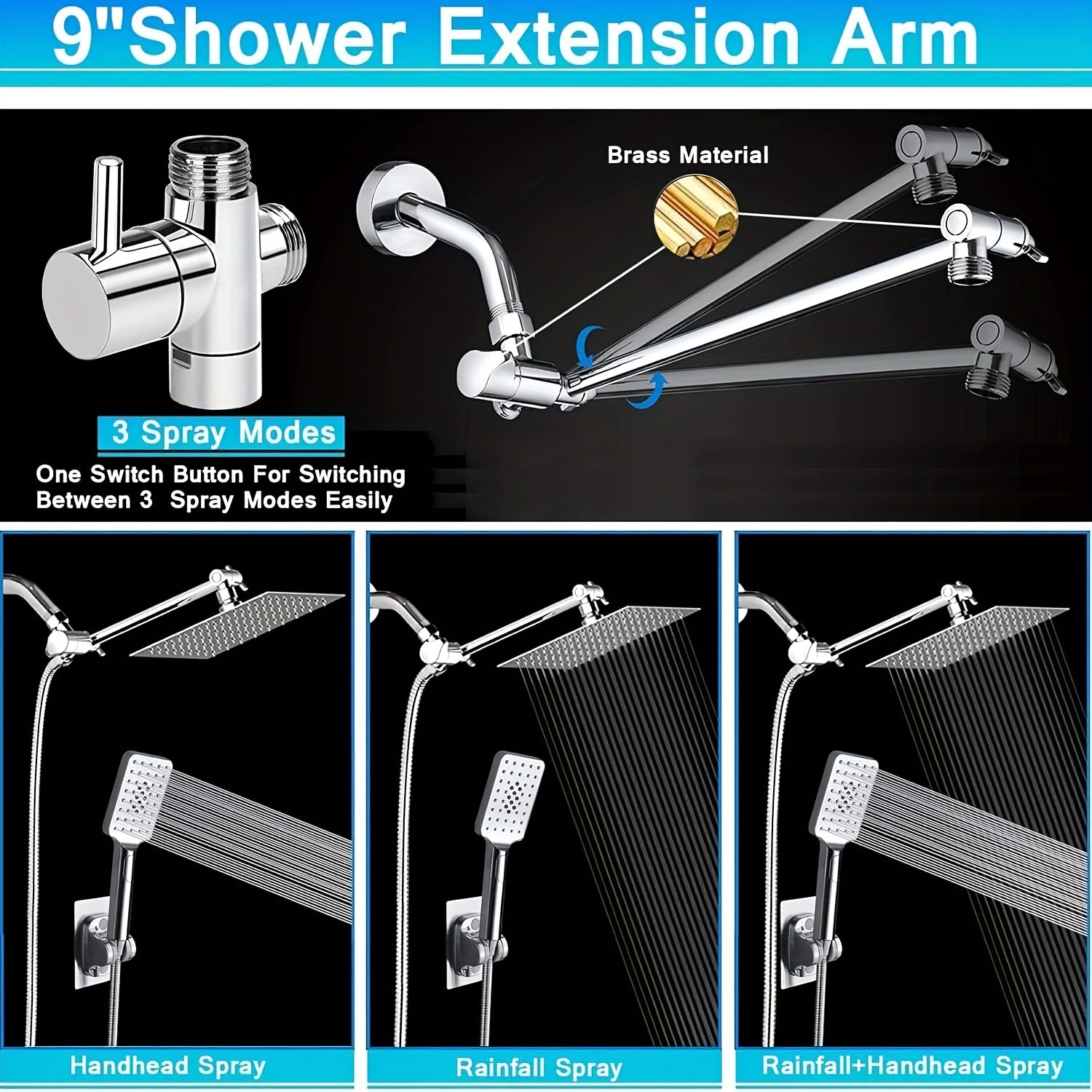 Handheld Showerhead Set Featuring Five Different Water Flow Modes, Made of Stainless Steel with a Chrome End, Includes an Adjustable Height And Angle Extension Arm, Along with a Holder And Hose