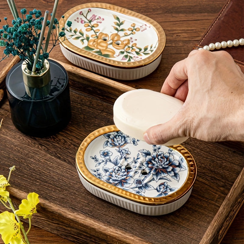 Elegant Ceramic Soap Dish Elegant Ceramic Soap Dish | Double-Layer Drainage | American Golden Trim