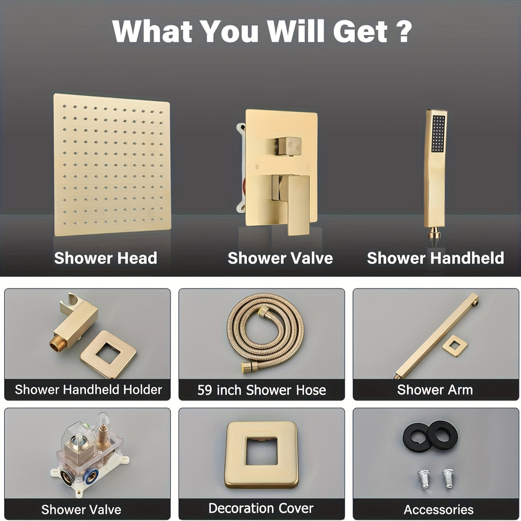 Luxury Bathroom Shower Set Featuring a Brushed Golden Wall-Mounted High-Pressure Rain Shower with a Handheld Sprayer, Complete with Valve Body And Finishing Components.