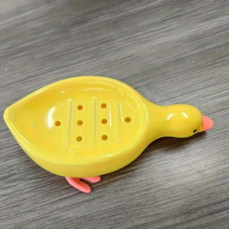 Duck Soap Box Duck-Shaped Soap Box | Yellow & White, Oval Drain Tray, Anti-Puddle, 4-Season Gift, Small Organizer