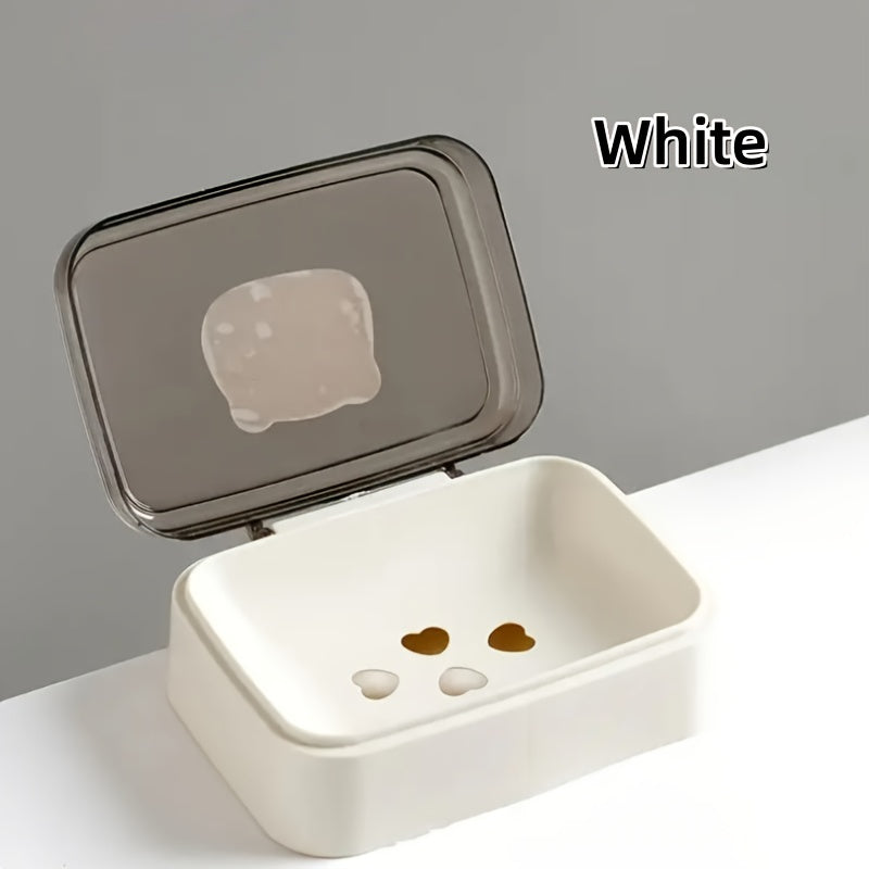 Cute Bear Flip-Top Soap Dish - Creative Plastic Drainage Holder for Bathroom Countertop, Rectangular Soap Storage Box