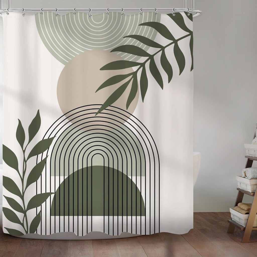 KOMLLEX Sage Green Boho Shower Curtain 60Wx72H Abstract Modern Mid Century Bathroom Decor Aesthetic Leaves Geometric Arch Bohemian Minimalist Neutral Simple Fabric Polyester 12pcs Hook