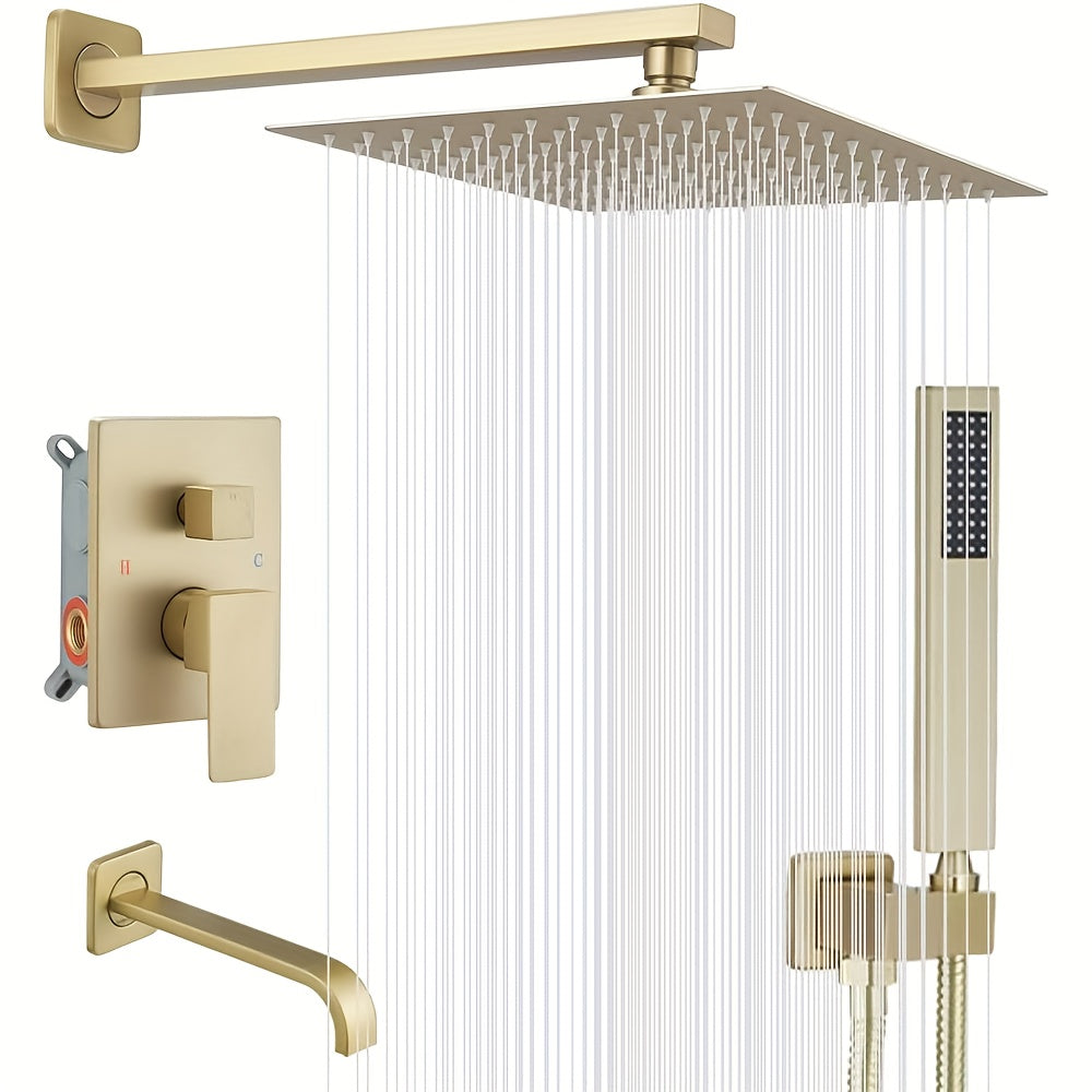 Brushed Golden Shower  Set with Tub Spout Bathroom Rainfall 8 10 12 Inch Shower Head System with Handheld Single Handle Shower Trim Kit with Rough-in Valve