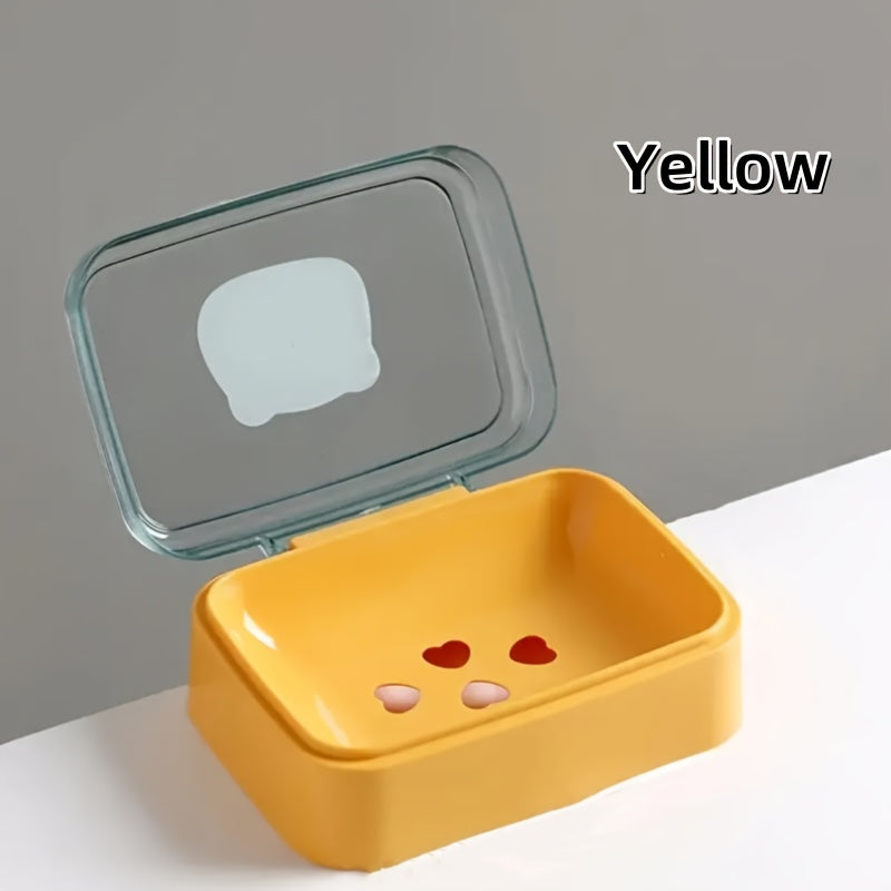 Cute Bear Flip-Top Soap Dish - Creative Plastic Drainage Holder for Bathroom Countertop, Rectangular Soap Storage Box