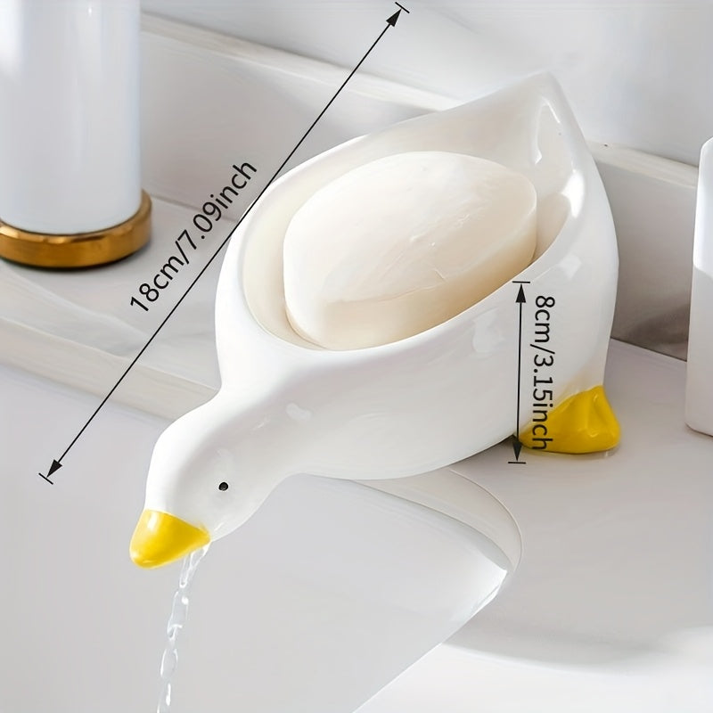 Duck Soap Box Duck-Shaped Soap Box | Yellow & White, Oval Drain Tray, Anti-Puddle, 4-Season Gift, Small Organizer
