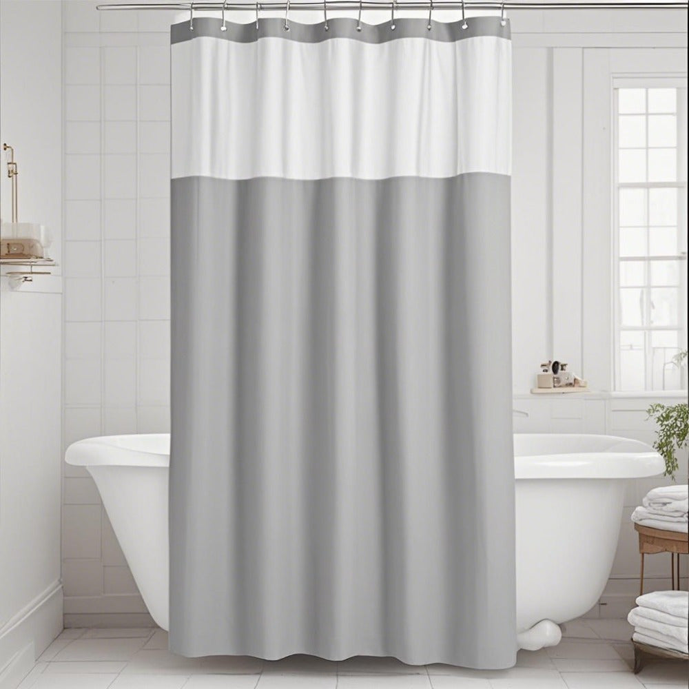 Hotel Style Grey Polyester Pongee Shower Curtain with Waffle Stitching & Mesh Top Window - Snap-On Fabric Lining, Machine Washable, Multiple Sizes for Bathroom Decor, Shower Curtain Sets for Bathrooms