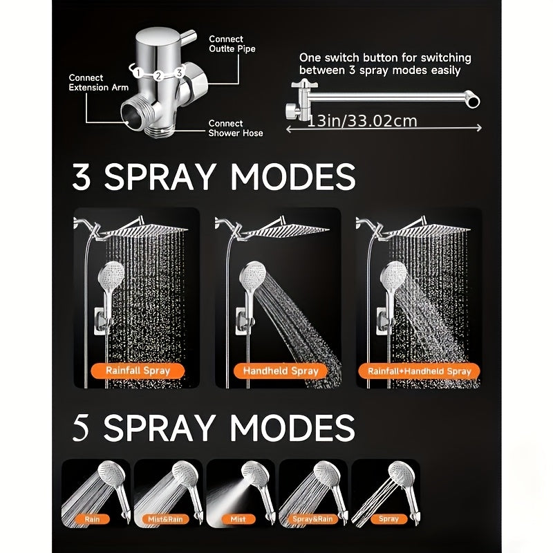 High-Pressure Shower Head Set - Heavy-Duty Stainless Steel Rain Shower System with Handheld Sprayer, 3-Way Diverter Valve And Hose, Adjustable Height And Angle Shower Arm, Anti-Clog Nozzles, Easy Installation, Luxury Bathroom Upgrade, Home Renovation
